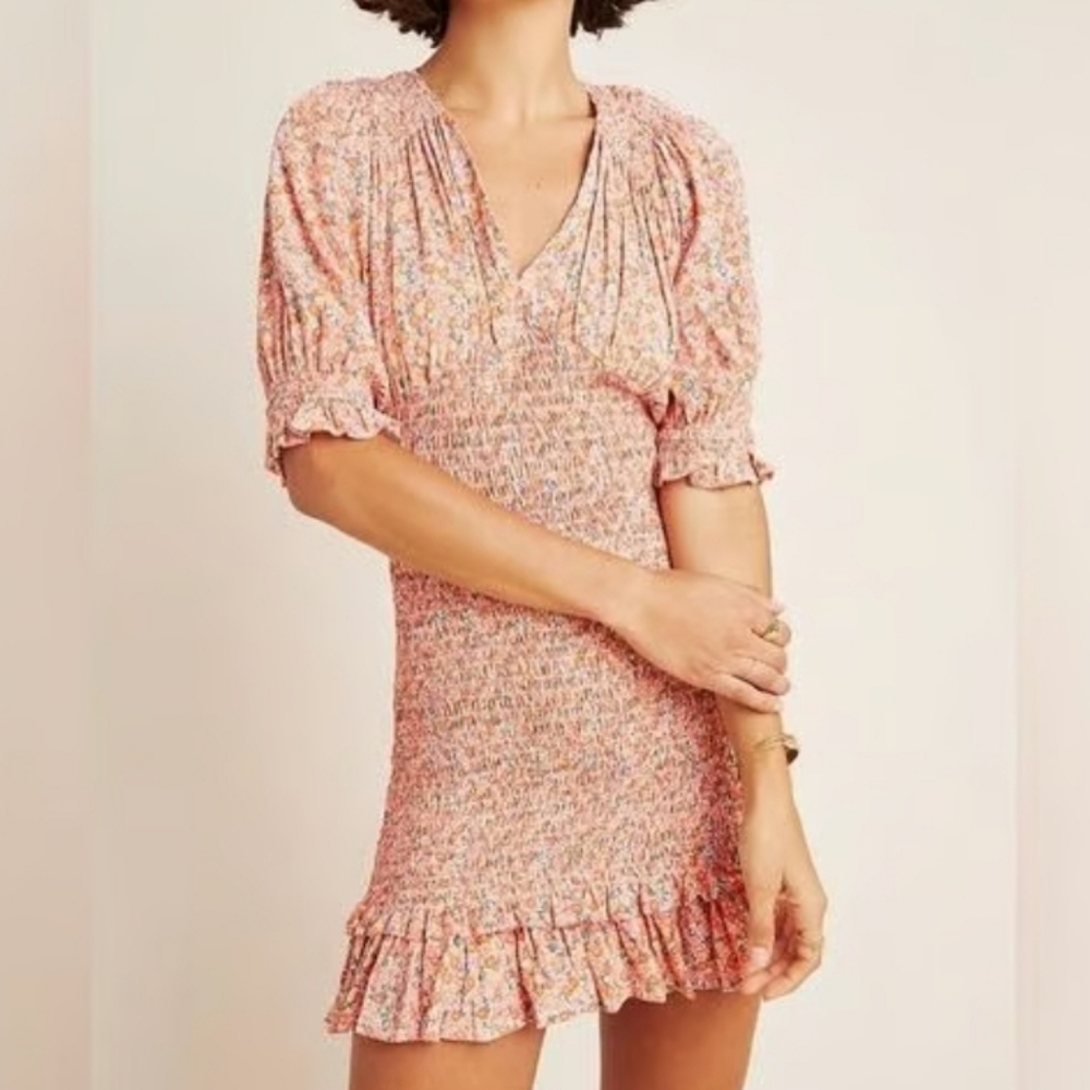 Anthropologie Faithful The Brand Floral Smocked Dress with Puff Sleeves